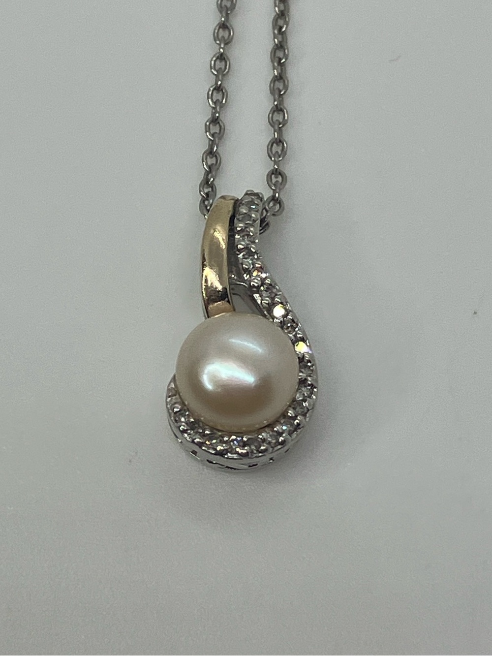 14k Gold & Sterling Silver 925 Champagne Pearl 21 Diamond Pendant Necklace AV